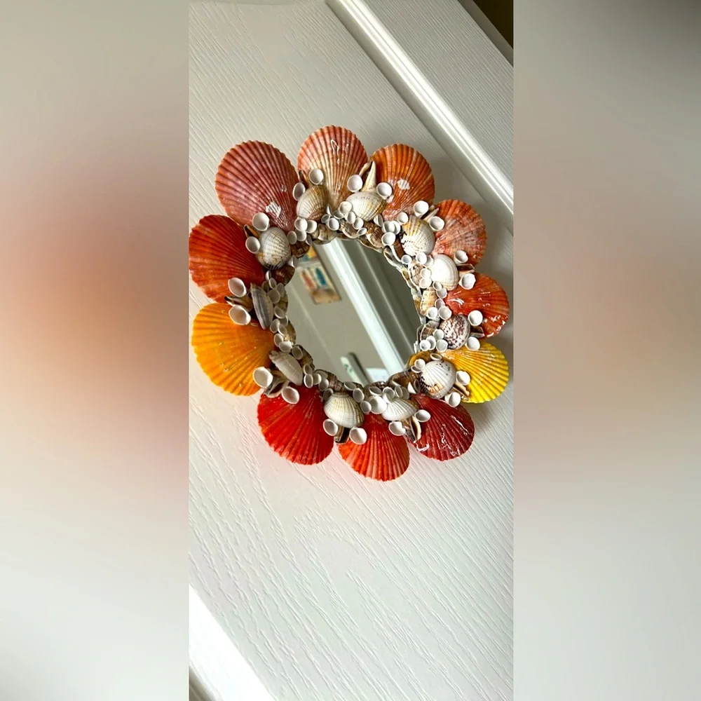 Floral  Peach & Coral Small Shell Round Mirror